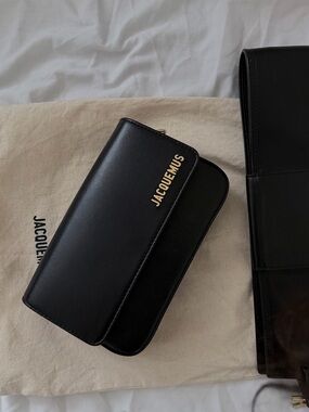 Jacquemus Black Leather Long Wallet with Gold Logo Plate